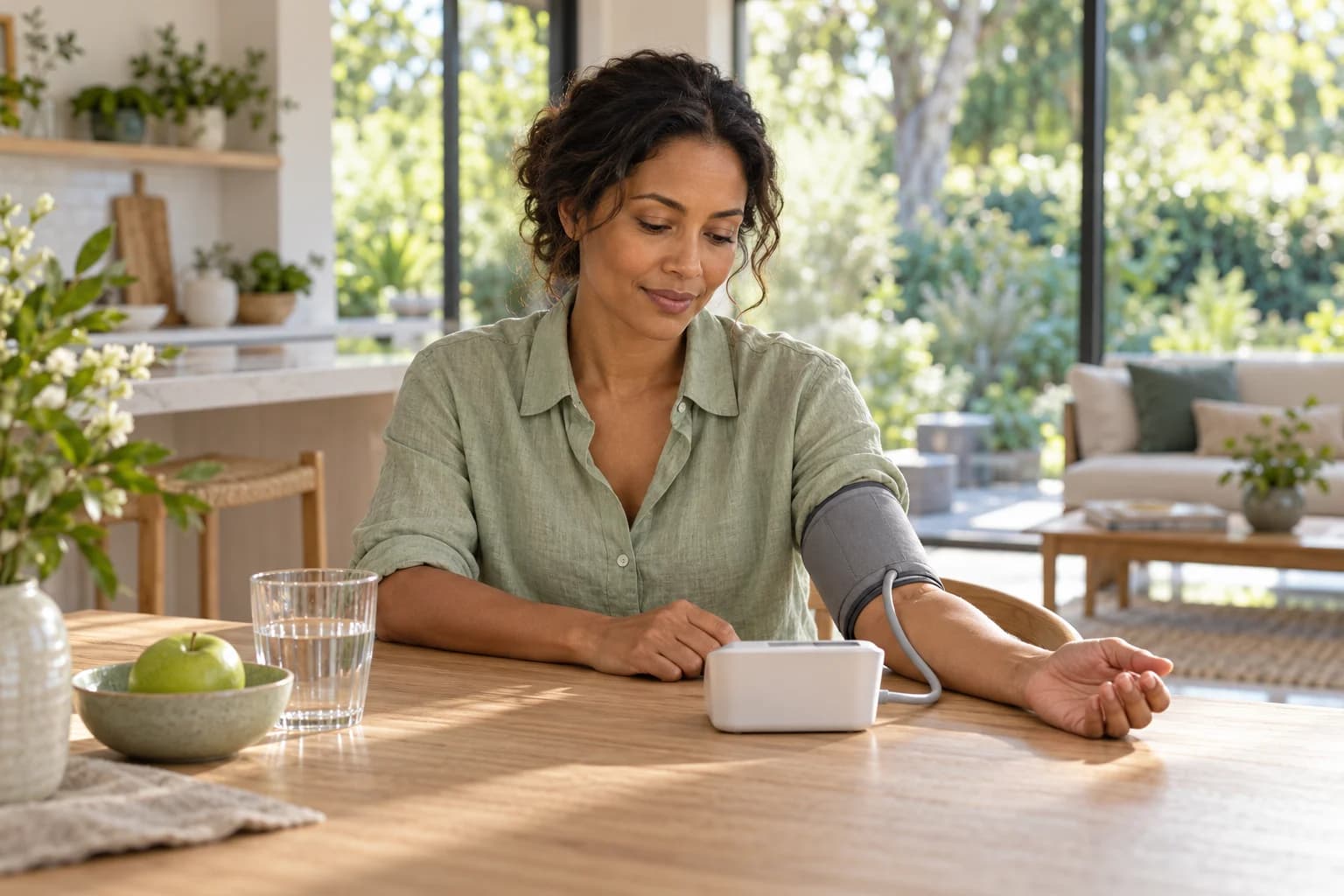 A woman taking a moment to track her blood pressure at home